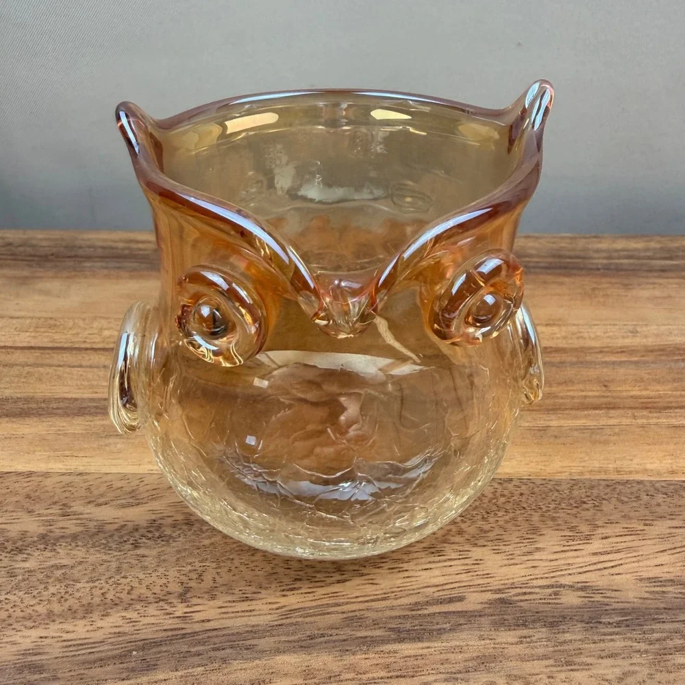 Vintage‎ Amber Crackle Glass Owl Votive Holder Yellow Iridescent Bird 4 inch